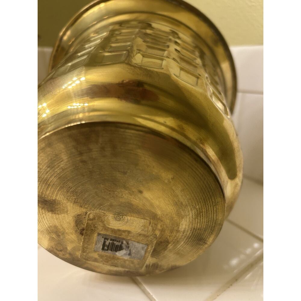 Vintage Set Of 2 Brass Planters, Made in India With Square Pattern 7” Tall - Picture 5 of 9